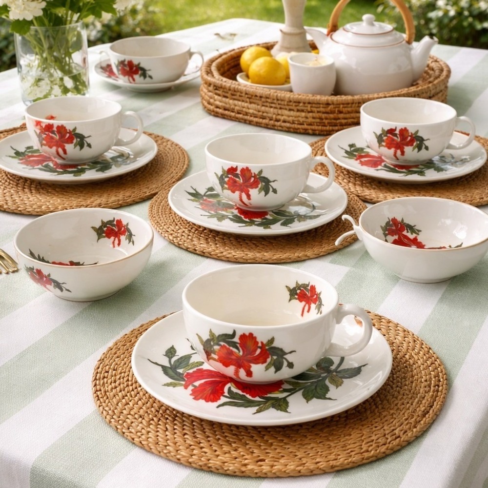 Vintage Red Hibiscus Floral Tea Cup and Saucer Set of 5 White Ceramic Tropical